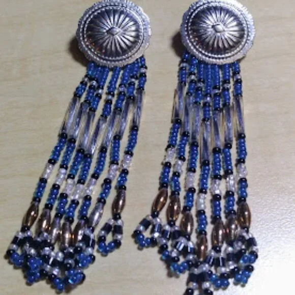 Silver Tone Blue Glass Beads Pierce Earrings 3" Long - Picture 10 of 10